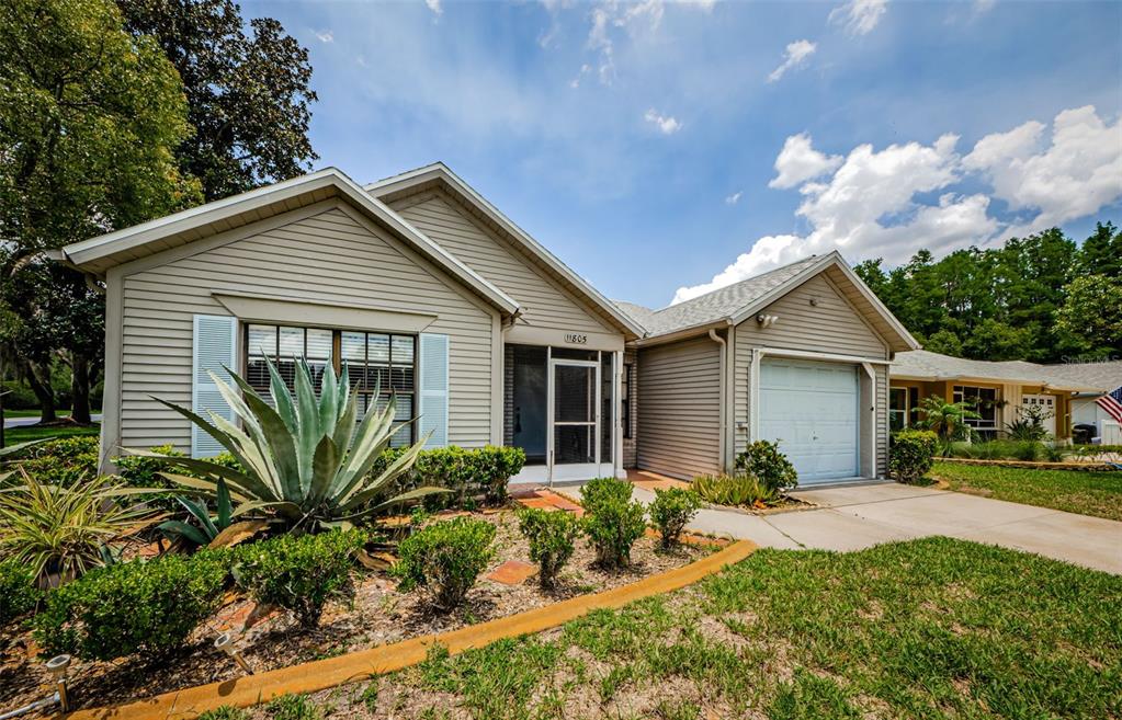 A single-story house with beige siding, a garage, and a front yard with landscaping — 11805 LOBLOLLY PINE DRIVE, NEW PORT RICHEY, FL