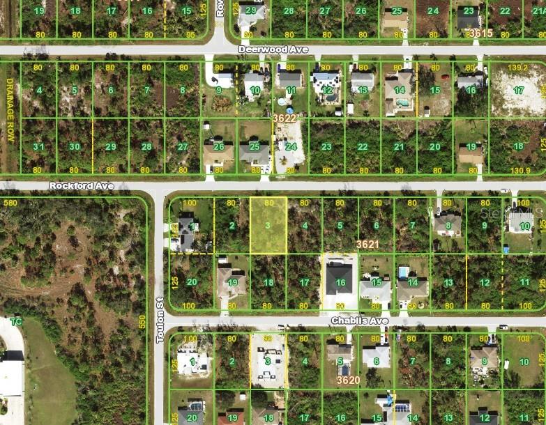 This is an aerial map showing residential land parcels and street layouts — 10405 ROCKFORD AVENUE, ENGLEWOOD, FL