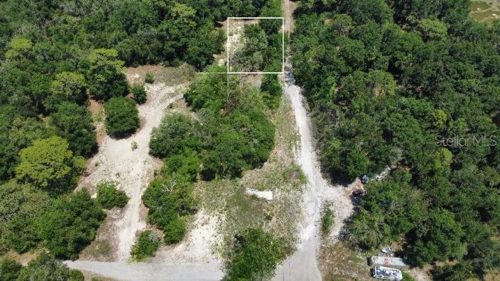 An aerial view of a wooded lot with a dirt road and a white boundary box — 17308 PUTTER LANE, SPRING HILL, FL