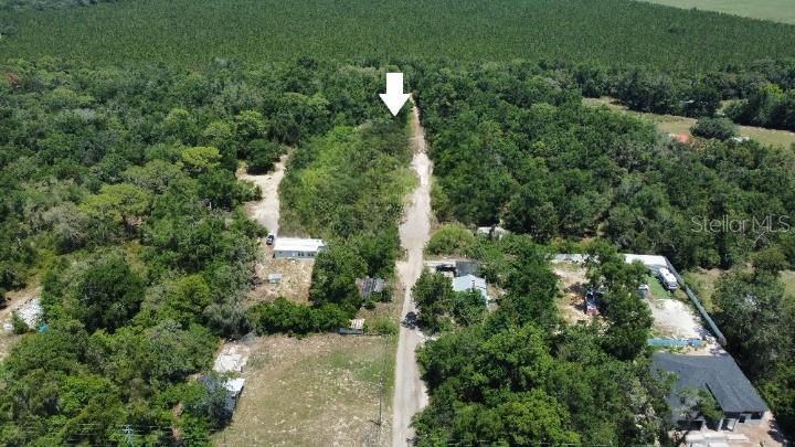 An aerial view shows a dirt road running through a wooded area with scattered houses — 17308 PUTTER LANE, SPRING HILL, FL