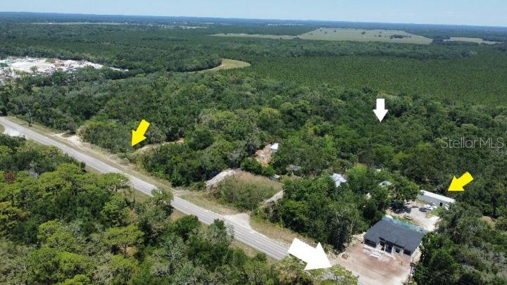 An aerial view shows a house and outbuilding situated on a large, wooded lot — 17308 PUTTER LANE, SPRING HILL, FL