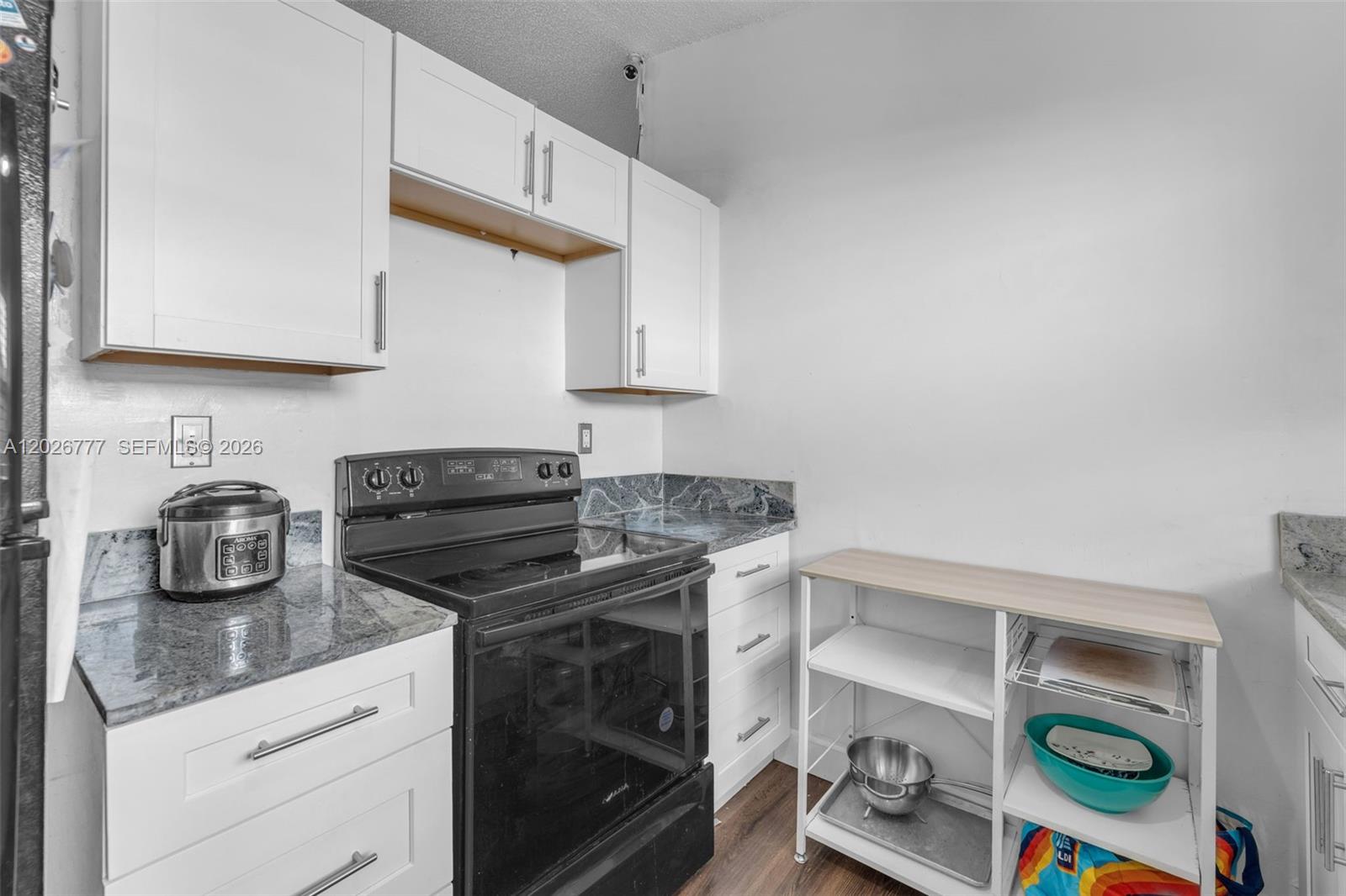 A kitchen features white cabinets, dark granite countertops, a black stove, and a storage cart — 12026 SW 210th St, Miami FL 33177, MIAMI, FL