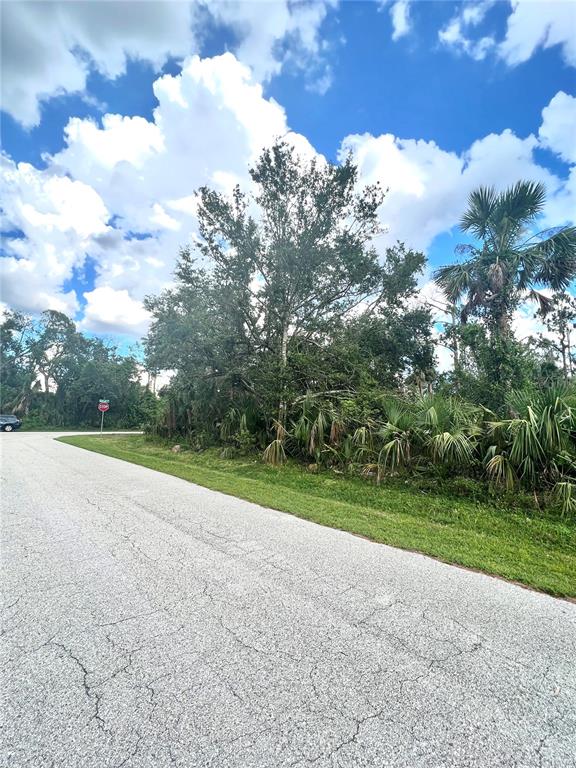 A paved road curves past a wooded lot with palm trees and a stop sign — 18235 VARDON AVENUE, PORT CHARLOTTE, FL