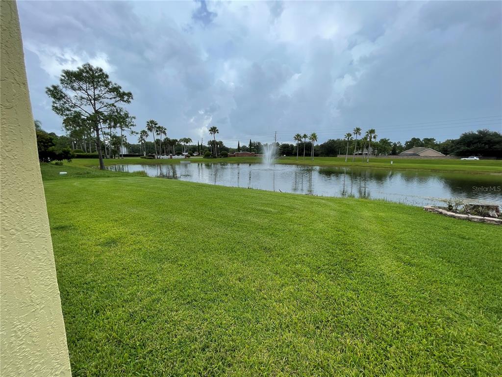 A grassy lawn overlooks a pond with a fountain under a cloudy sky — 4219 ANDOVER CAY BOULEVARD, ORLANDO, FL