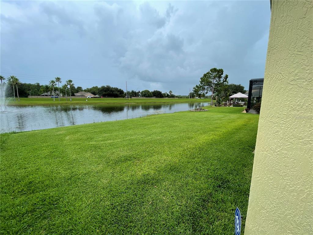 A grassy backyard overlooks a pond with palm trees and a cloudy sky in the distance — 4219 ANDOVER CAY BOULEVARD, ORLANDO, FL