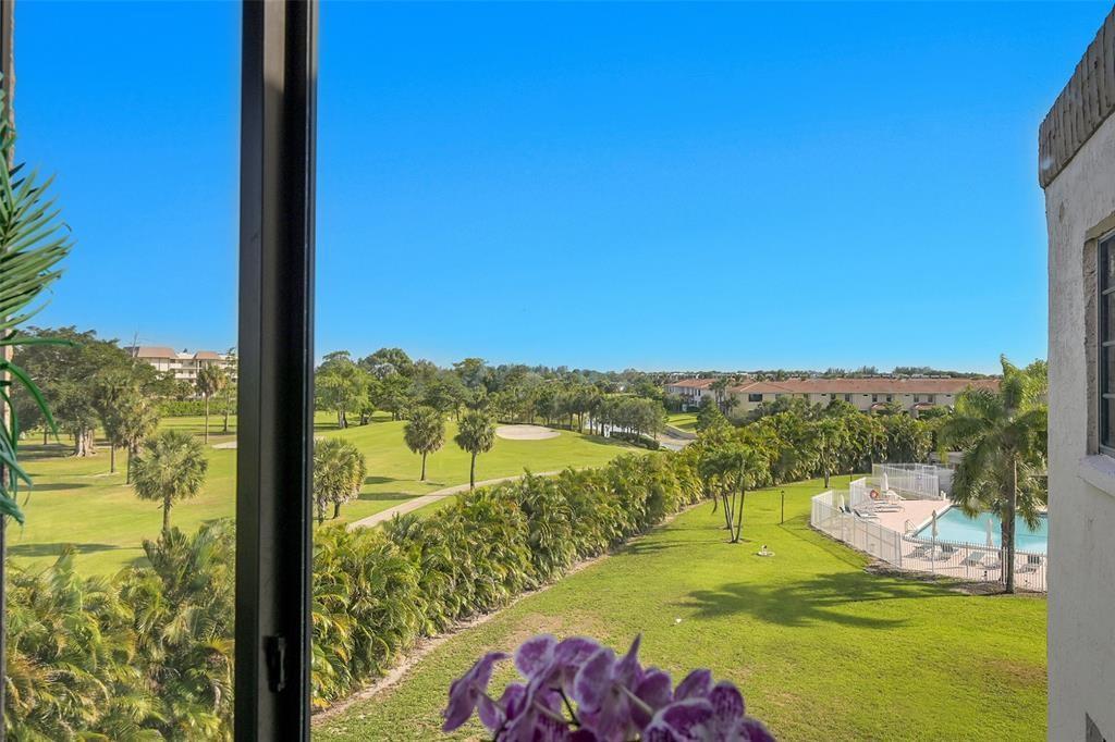 A view from a window overlooks a golf course, palm trees, and a swimming pool — 9300 SW 8th Street # 422, Boca Raton FL 33428, BOCA RATON, FL