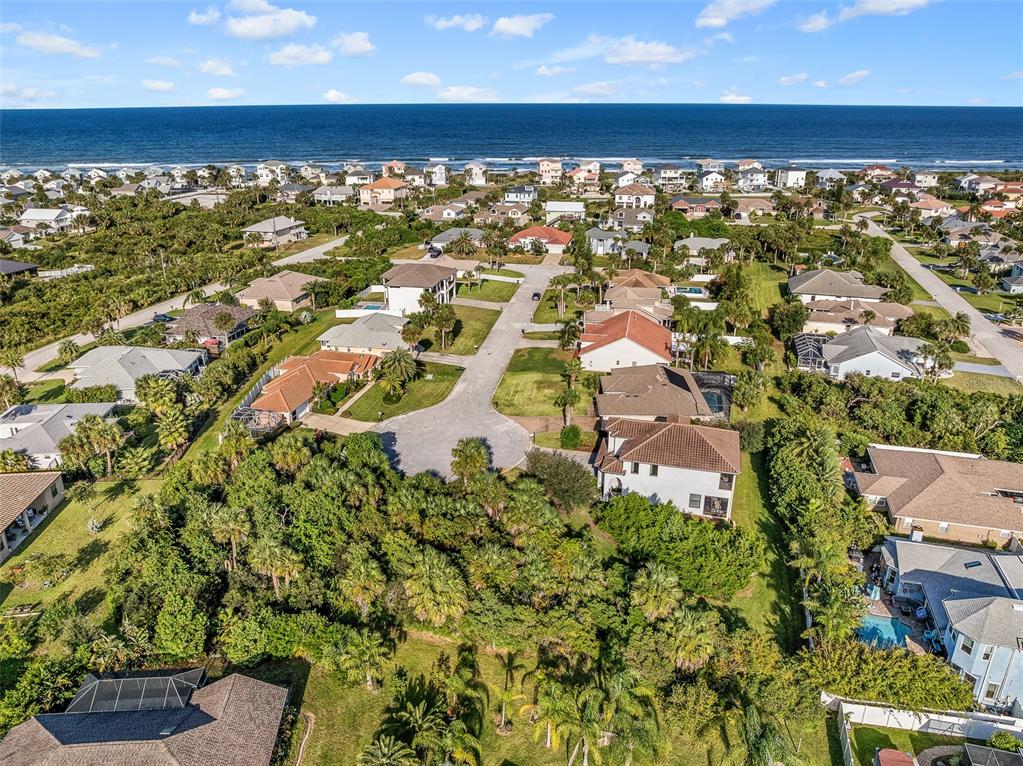 An aerial view shows a coastal residential neighborhood with houses, lush vegetation, and the ocean — 12 LAUREL DRIVE, PALM COAST, FL