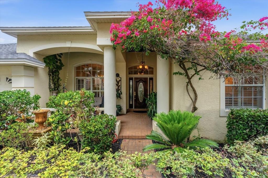 The exterior of a house features a covered entryway with columns and a bougainvillea tree — 4941 FELECITY WAY, PALM HARBOR, FL