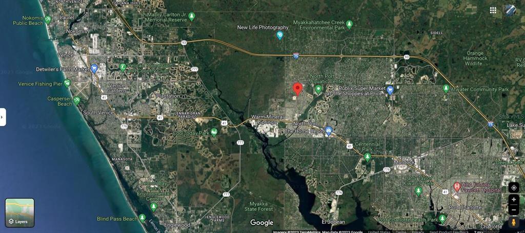 This is a satellite map showing North Port, Florida, and the surrounding coastal area — 2361 S BISCAYNE DRIVE, NORTH PORT, FL