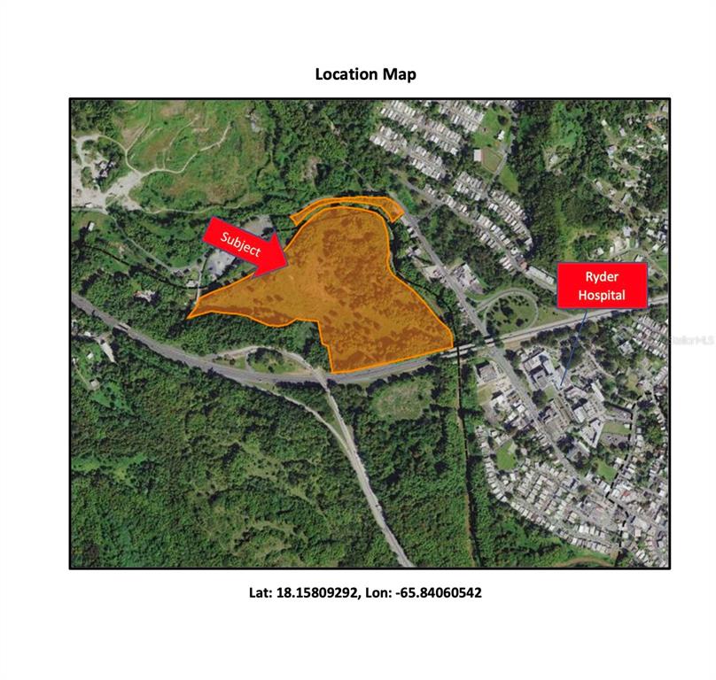 This is a location map showing a highlighted subject property near Ryder Hospital — CARR 198 BA. TEJAS, HUMACAO, PR