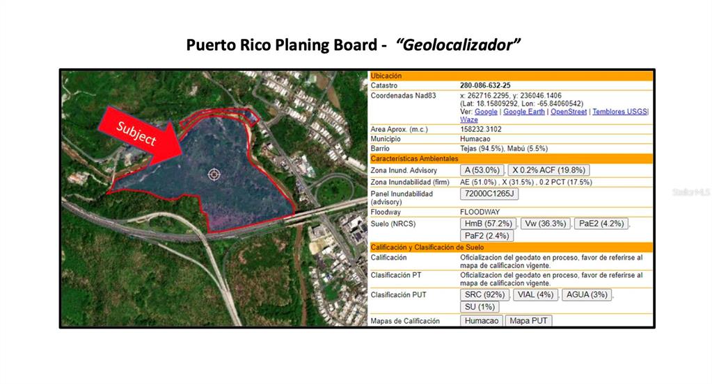 This is a map from the Puerto Rico Planning Board showing land parcel details and zoning — CARR 198 BA. TEJAS, HUMACAO, PR