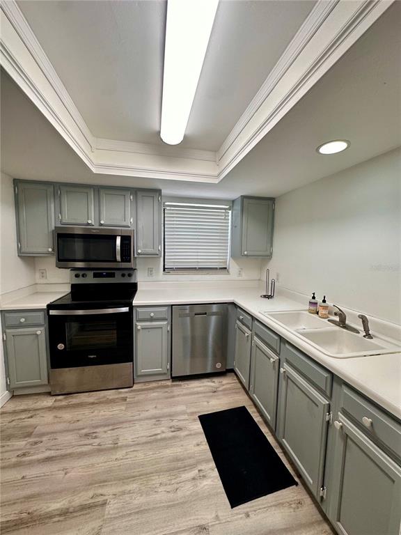 A kitchen features gray cabinets, stainless steel appliances, a double sink, and wood-look flooring — 223 NW 34TH STREET, GAINESVILLE, FL