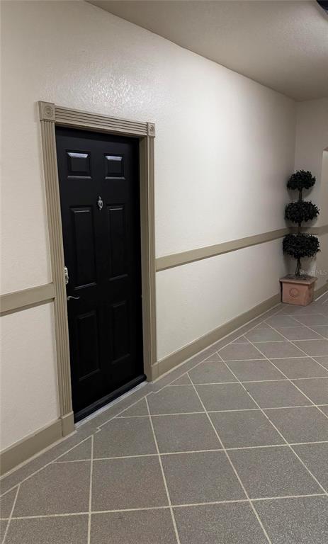 A black door with decorative molding sits in a hallway with tiled floors and a plant — 501 KNIGHTS RUN AVENUE UNIT 2106, TAMPA, FL