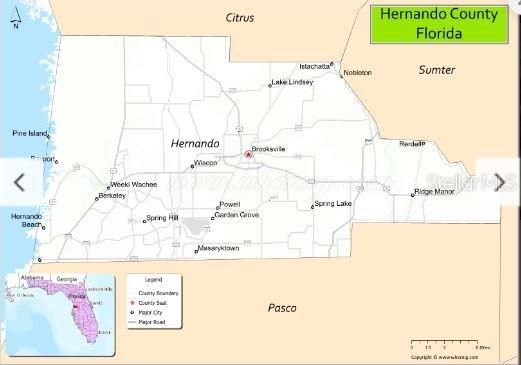 This is a map of Hernando County, Florida, showing major roads, cities, and county boundaries — 7338 TREIMAN BOULEVARD, WEBSTER, FL