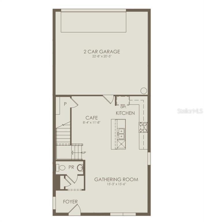 This floor plan shows a ground level with a two-car garage, kitchen, cafe, and gathering room — 16506 BARNVIEW DRIVE, ORLANDO, FL
