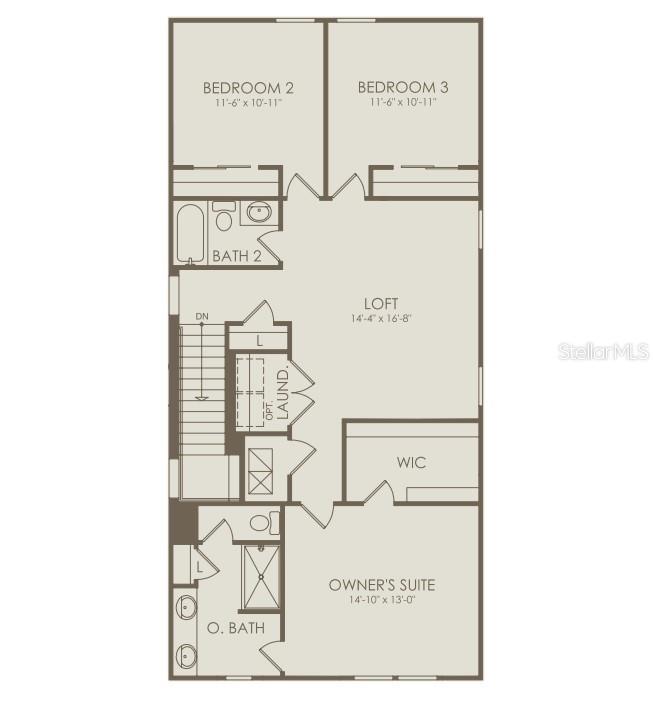 This floor plan shows the upper level of a home with three bedrooms, a loft, and laundry — 16506 BARNVIEW DRIVE, ORLANDO, FL