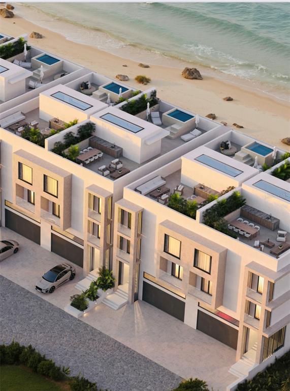 This architectural rendering shows a row of modern beachfront townhouses with rooftop pools and terraces — 6645 N OCEAN SHORE BOULEVARD UNIT 6A, PALM COAST, FL
