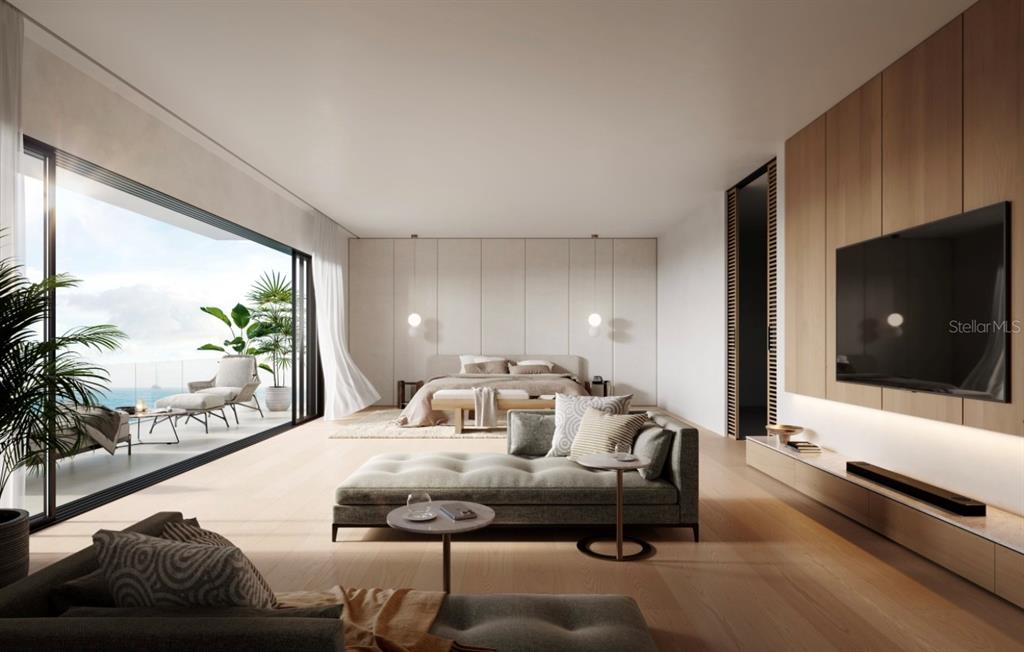 This is a rendering of a modern bedroom with a lounge area and oceanfront balcony — 6645 N OCEAN SHORE BOULEVARD UNIT 6A, PALM COAST, FL