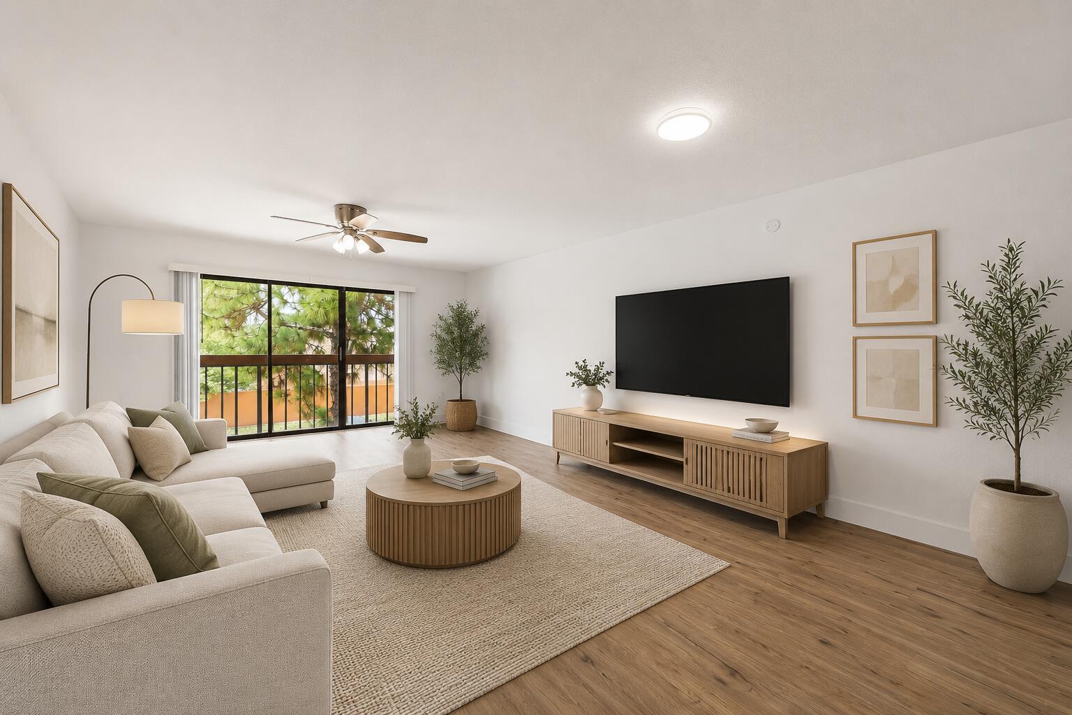 This is a digital rendering of a living room with a sectional, TV, and balcony — 4012 Del Rio Way, Sunrise FL 33351, SUNRISE, FL