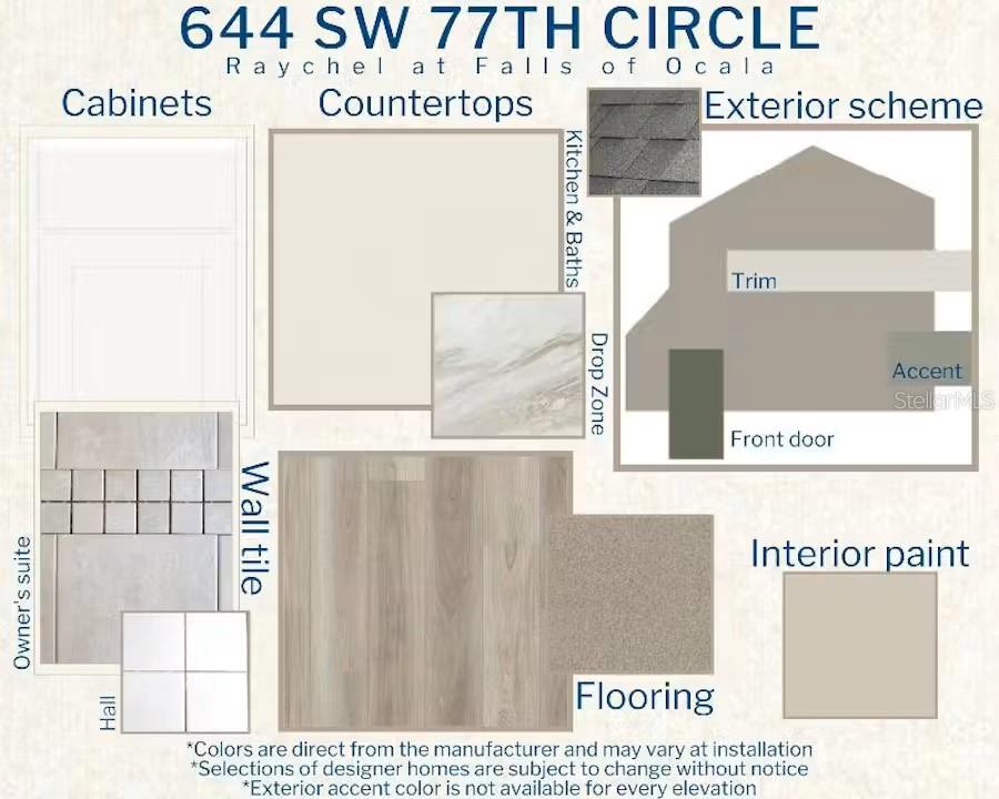 This design board displays interior and exterior finish selections for a home — 644 SW 77TH CIRCLE, OCALA, FL