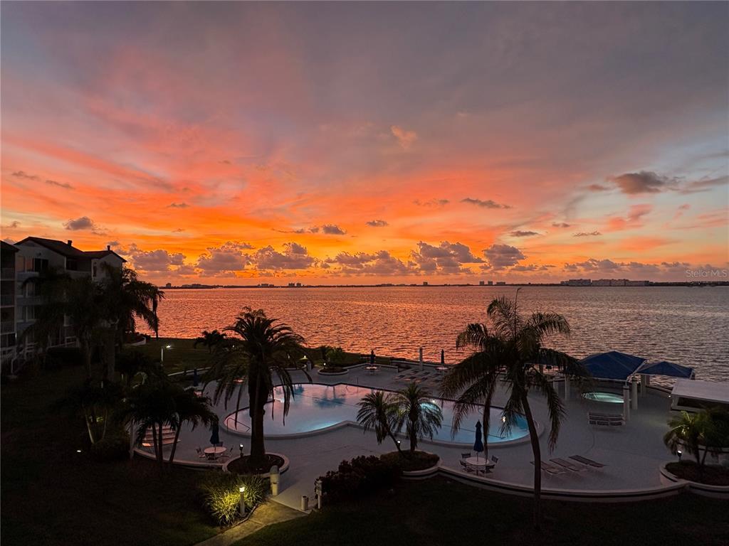 An elevated view of a swimming pool and palm trees overlooking a bay at sunset — 5155 ISLA KEY BOULEVARD S UNIT 304, ST PETERSBURG, FL