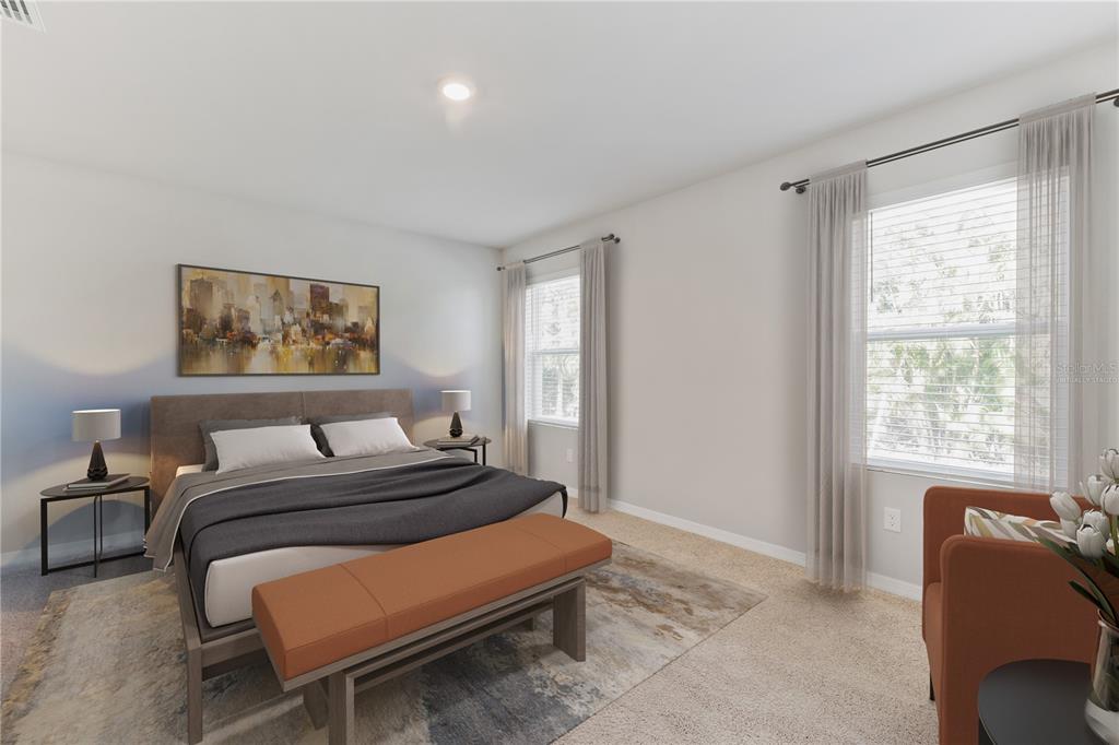 A bedroom features a bed with a bench, two windows, and a piece of wall art — 25110 ALCAZAR DRIVE, PUNTA GORDA, FL