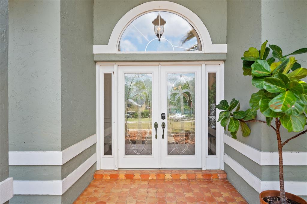 A front entryway features double glass doors with palm tree designs and an arched transom window — 1254 MAGNOLIA FARMS CT, EUSTIS, FL
