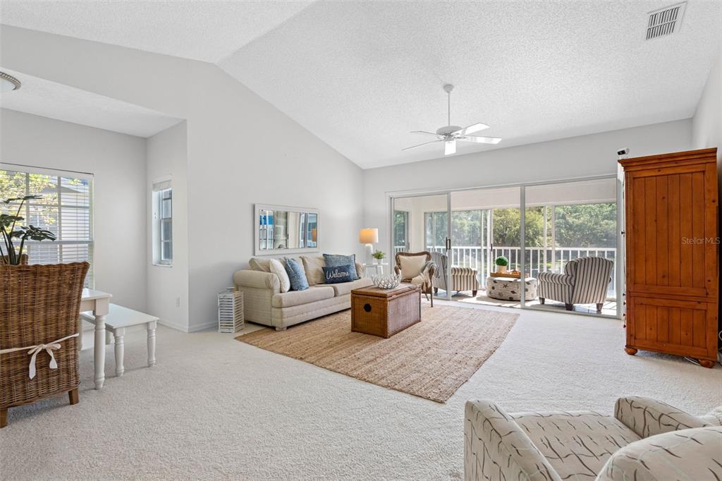 A living room with vaulted ceilings, beige carpet, a sofa, and sliding doors to a patio — 11351 SHIPWATCH LANE UNIT 1841, LARGO, FL