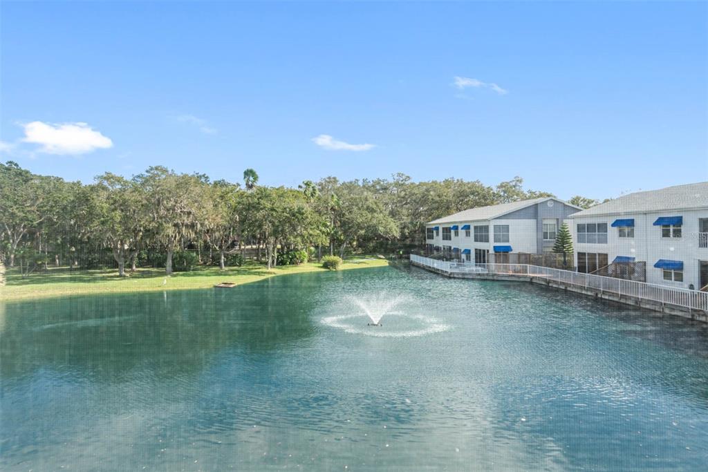 A fountain sits in a pond beside a multi-story apartment building and wooded area — 11351 SHIPWATCH LANE UNIT 1841, LARGO, FL