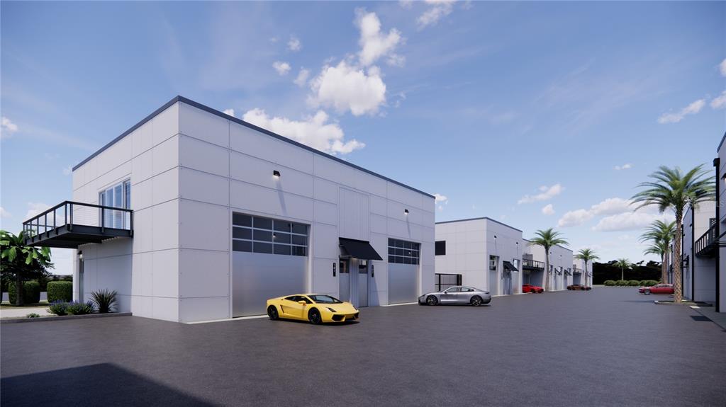 This rendering shows a modern industrial-style building exterior with a yellow sports car parked outside — 7045 N TAMIAMI TRAIL UNIT 207, SARASOTA, FL