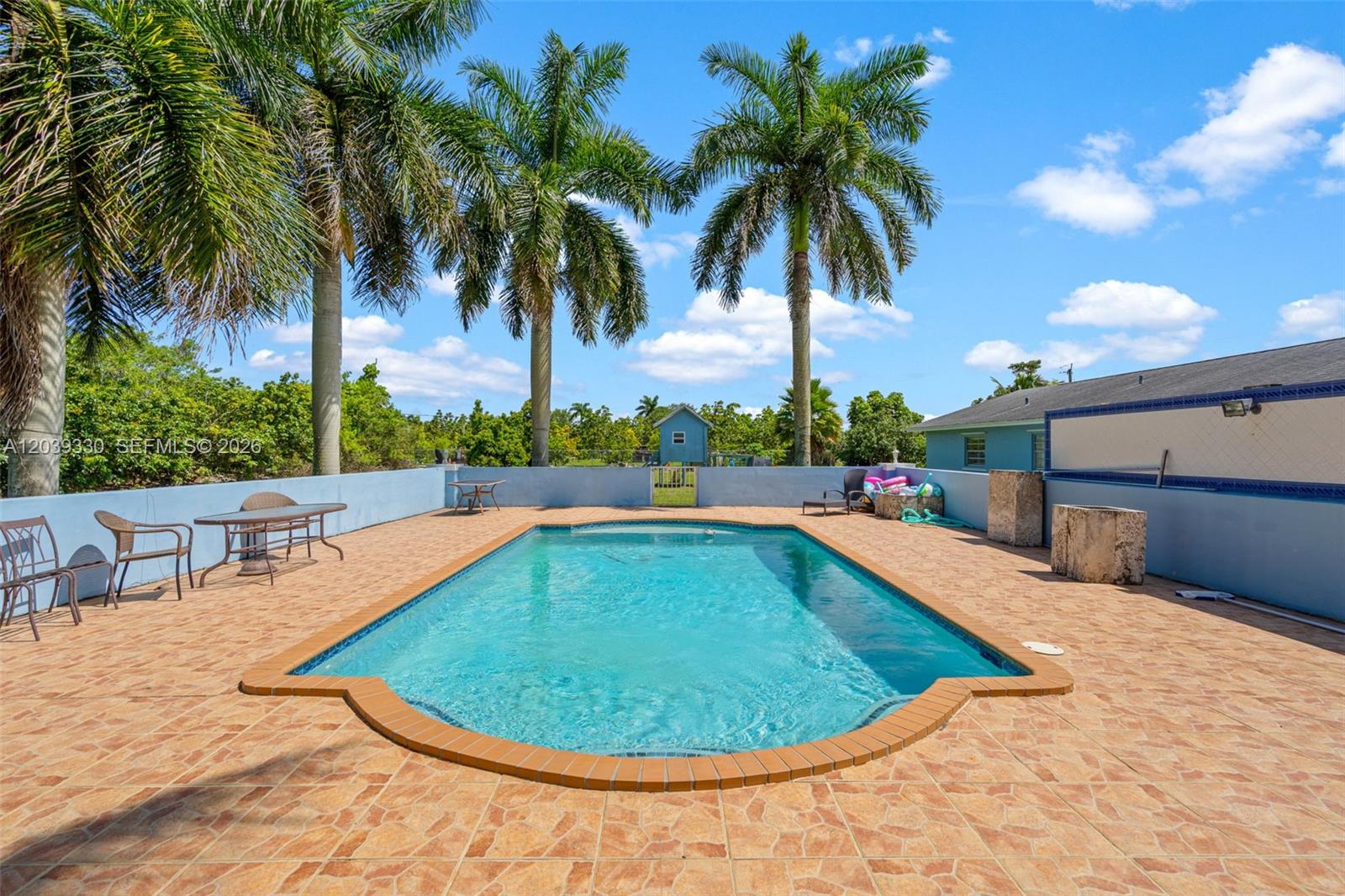 A rectangular swimming pool sits on a tiled patio surrounded by a blue wall — 20950 SW 232nd St, Miami FL 33170, MIAMI, FL