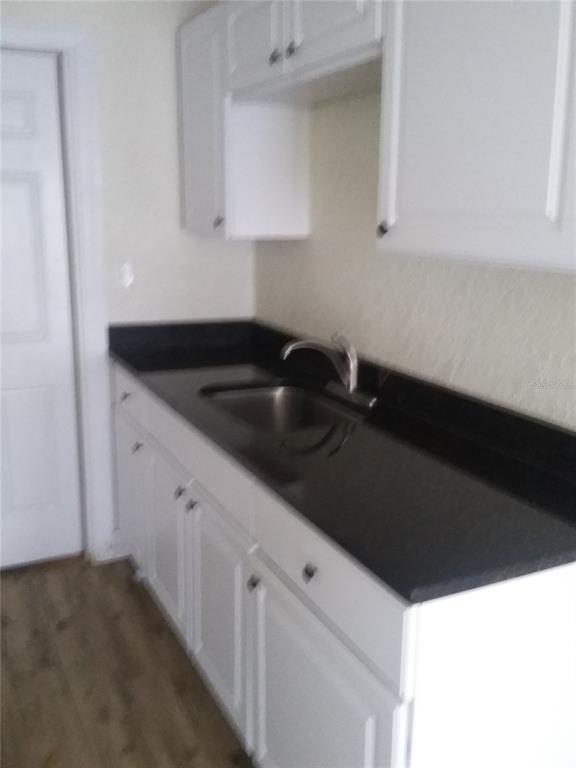 A kitchen features white cabinets, a black countertop, and a stainless steel sink — 1710 S WASHINGTON AVENUE UNIT 16, TITUSVILLE, FL