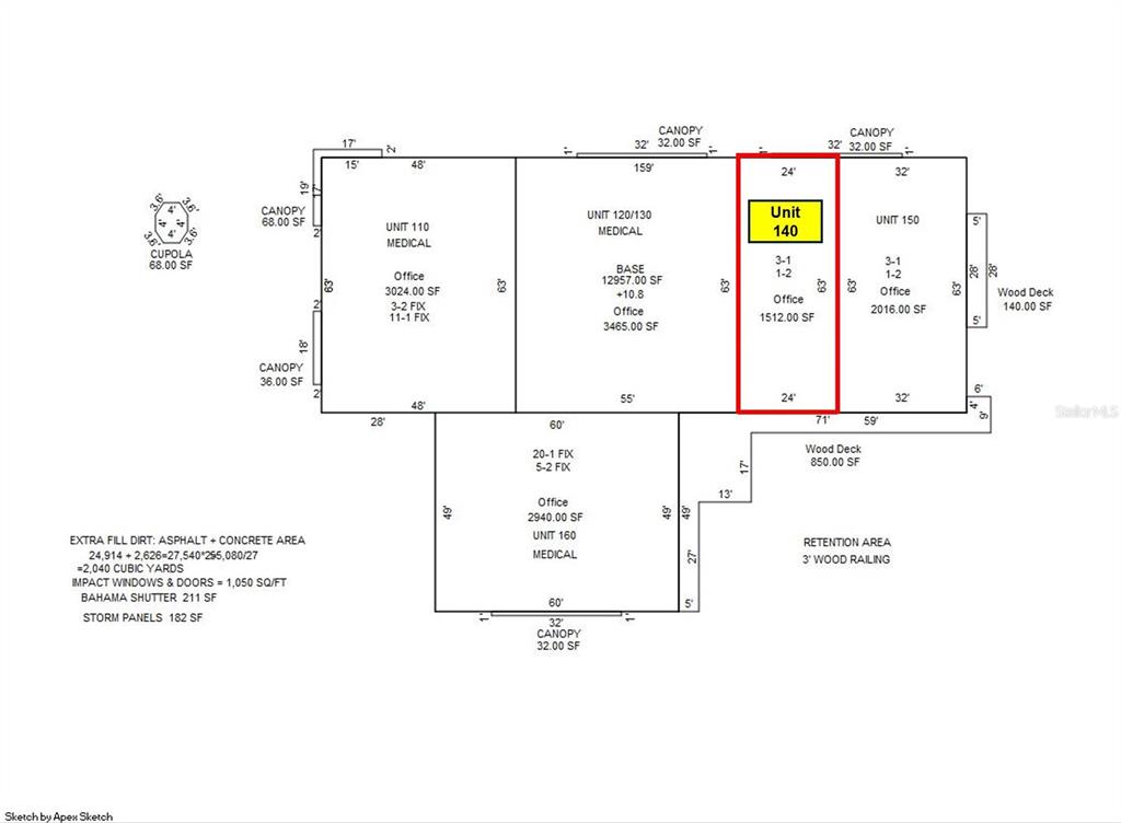 This is a floor plan showing the layout and square footage of multiple commercial units — 22655 BAYSHORE ROAD UNIT 140, PORT CHARLOTTE, FL