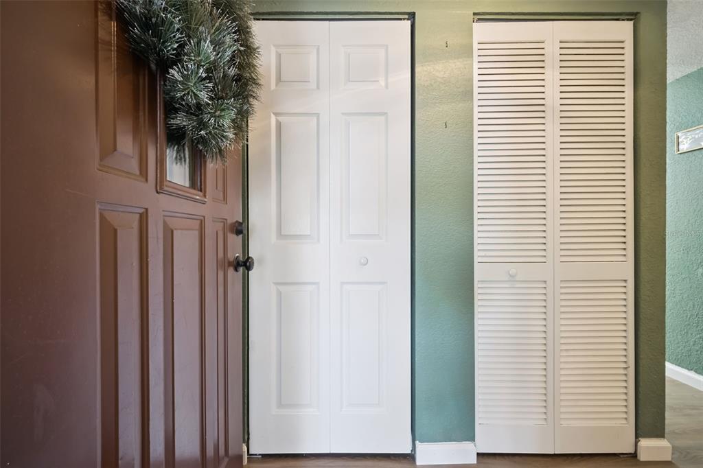 A brown front door next to two white bifold closet doors on a green wall — 754 E MICHIGAN STREET UNIT 185, ORLANDO, FL