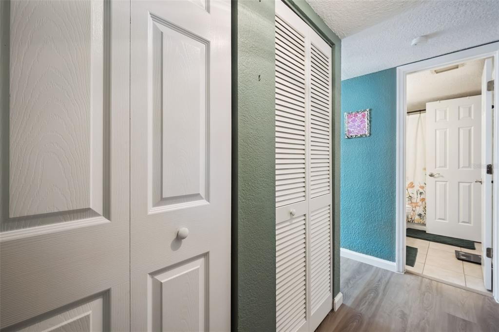 A hallway features white paneled closet doors, a louvered closet, and a doorway to a bathroom — 754 E MICHIGAN STREET UNIT 185, ORLANDO, FL