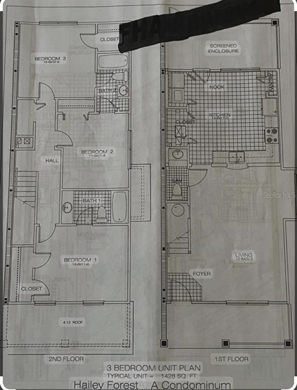 This floor plan shows a two-story, three-bedroom condominium unit totaling 1,428 square feet — 4574 SW 48TH WAY UNIT 103, GAINESVILLE, FL