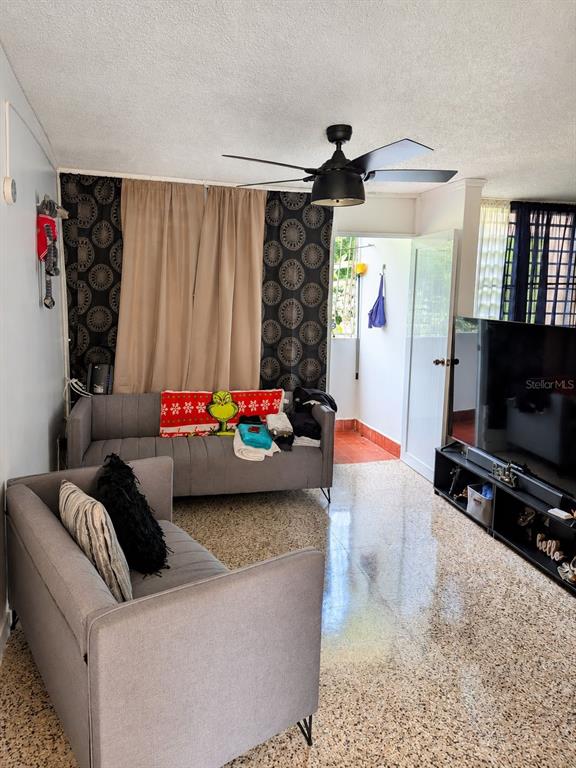 A living room features two gray sofas, a ceiling fan, and a large television — 9444 RIO CRISTAL UNIT 01, MAYAGUEZ, PR