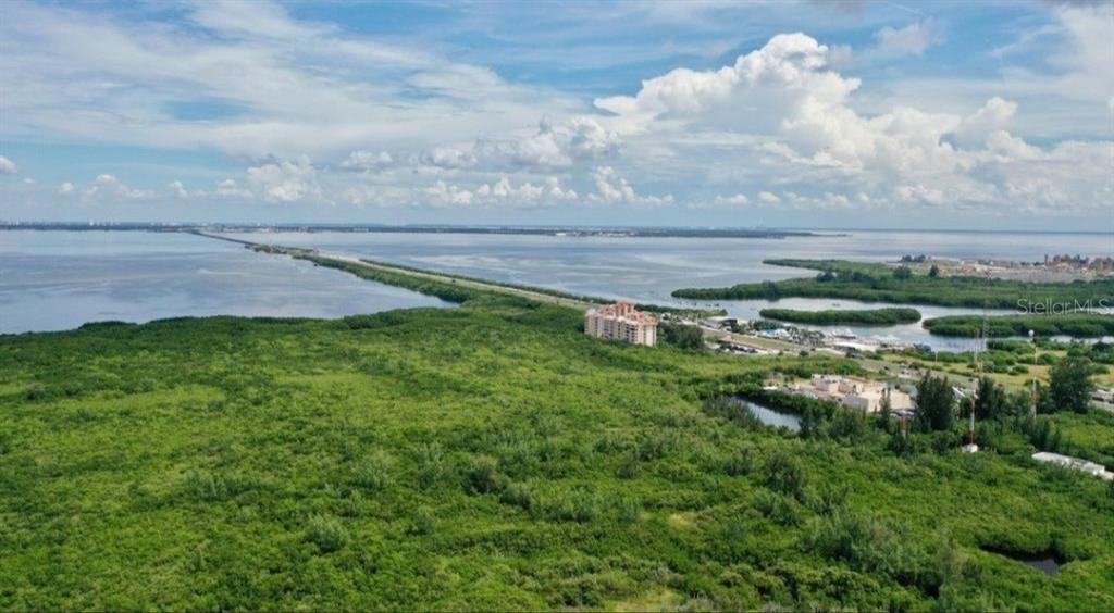 An aerial view shows a large expanse of green vegetation, a bridge, and coastal water — 0 MANGROVE CAY LANE NE, ST PETERSBURG, FL