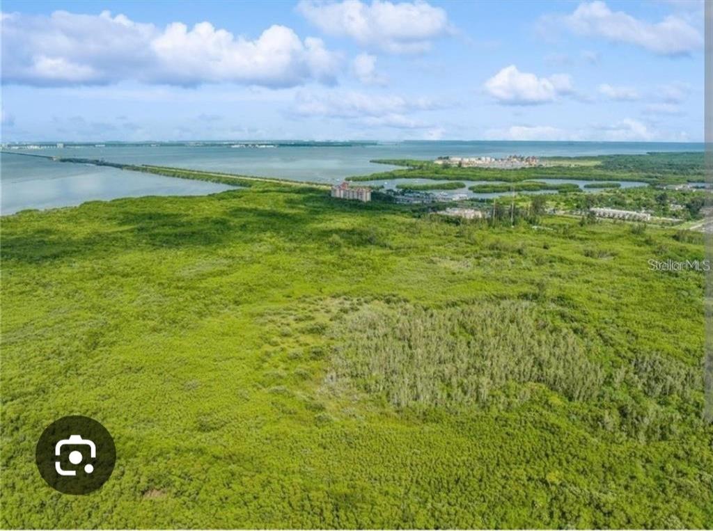 An aerial view shows a large expanse of green mangroves bordering a coastal bay — 0 MANGROVE CAY LANE NE, ST PETERSBURG, FL