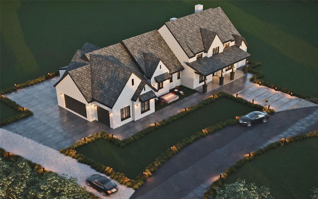 This is a digital rendering of a modern farmhouse with a multi-car garage — 13825 BILSDALE COURT, MYAKKA CITY, FL