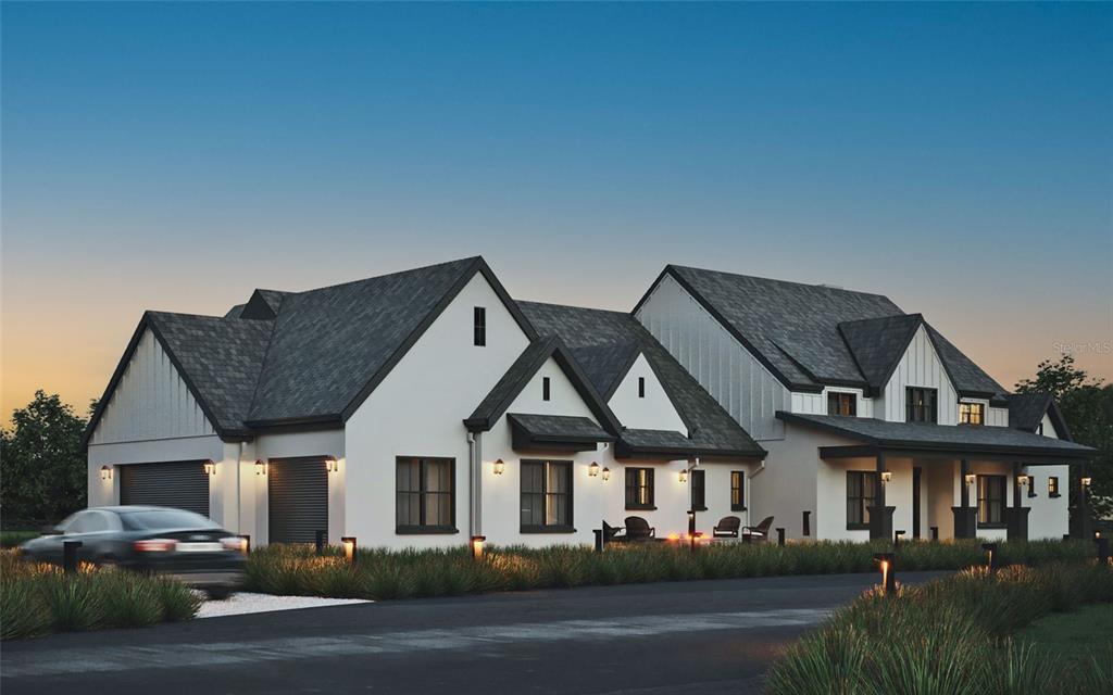 A digital rendering of a modern farmhouse with white stucco, dark trim, and a garage — 13825 BILSDALE COURT, MYAKKA CITY, FL