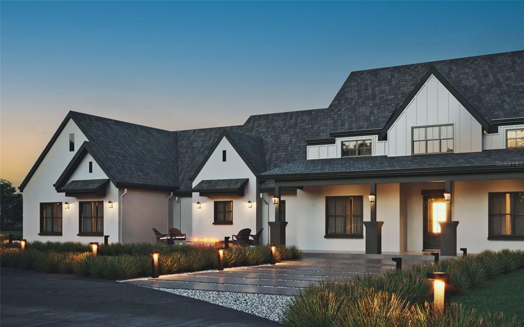 A rendering of a modern farmhouse exterior with white stucco, dark trim, and a fire pit — 13825 BILSDALE COURT, MYAKKA CITY, FL