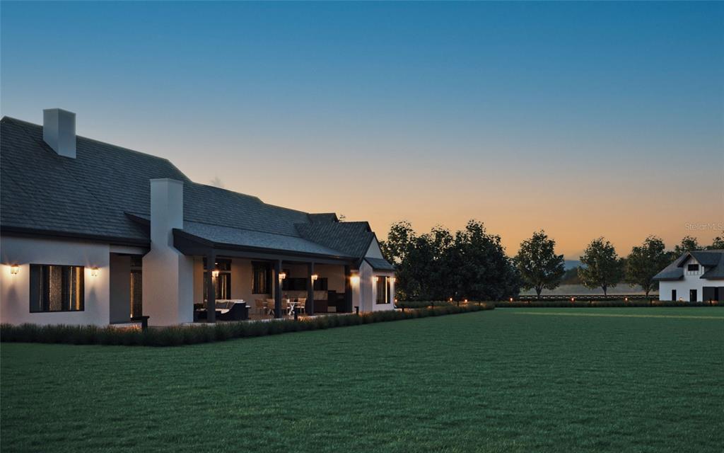 A digital rendering of a modern house exterior with a large lawn at dusk — 13825 BILSDALE COURT, MYAKKA CITY, FL