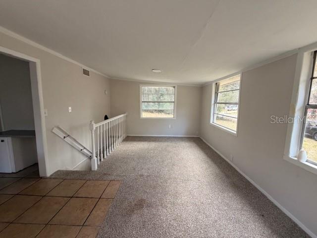 An interior room features carpeted flooring, a staircase with a white railing, and large windows — 3294 E WAGON TRAIL, HERNANDO, FL