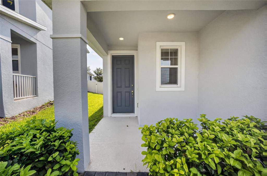 A gray front door is centered on a covered concrete porch with adjacent green shrubs — 4406 DAVOS DR, CLERMONT, FL
