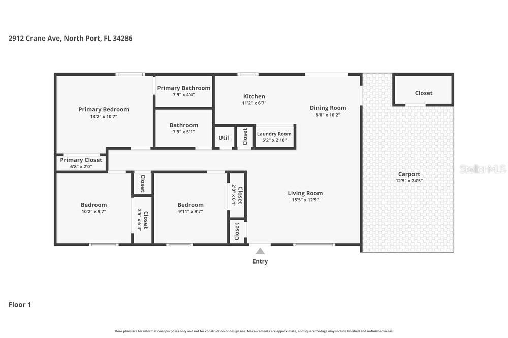This is a floor plan of a single-story house featuring three bedrooms and a carport — 2912 CRANE AVENUE, NORTH PORT, FL