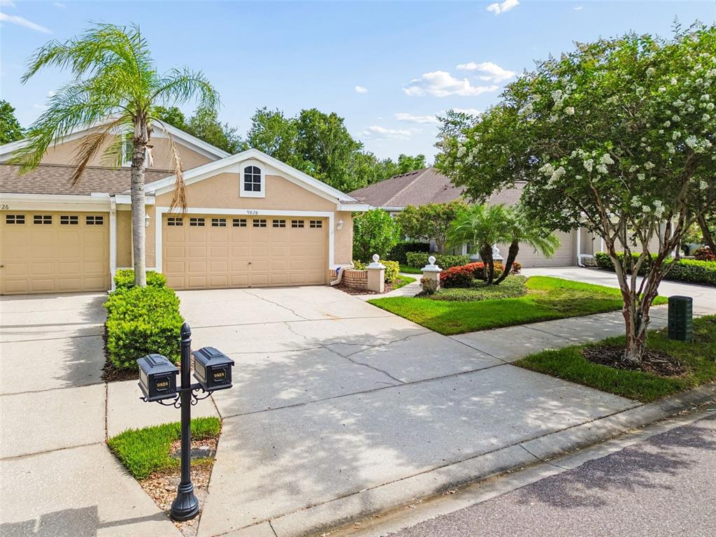 A tan suburban house with a two-car garage, palm tree, and shared driveway — 9828 BRIDGETON DRIVE, TAMPA, FL