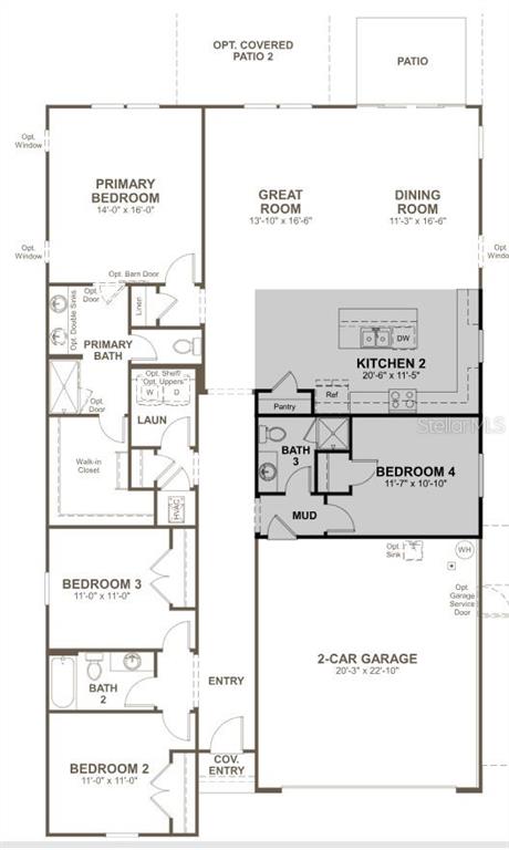 This floor plan shows a single-story home with four bedrooms, a garage, and an open kitchen — 65 PONCE PRESERVE DRIVE, PALM COAST, FL