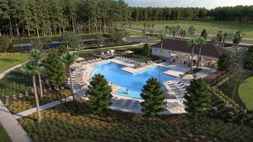 This rendering shows an outdoor community swimming pool with lounge chairs, umbrellas, and tennis courts — 9884 PELICAN COAST DRIVE, DADE CITY, FL