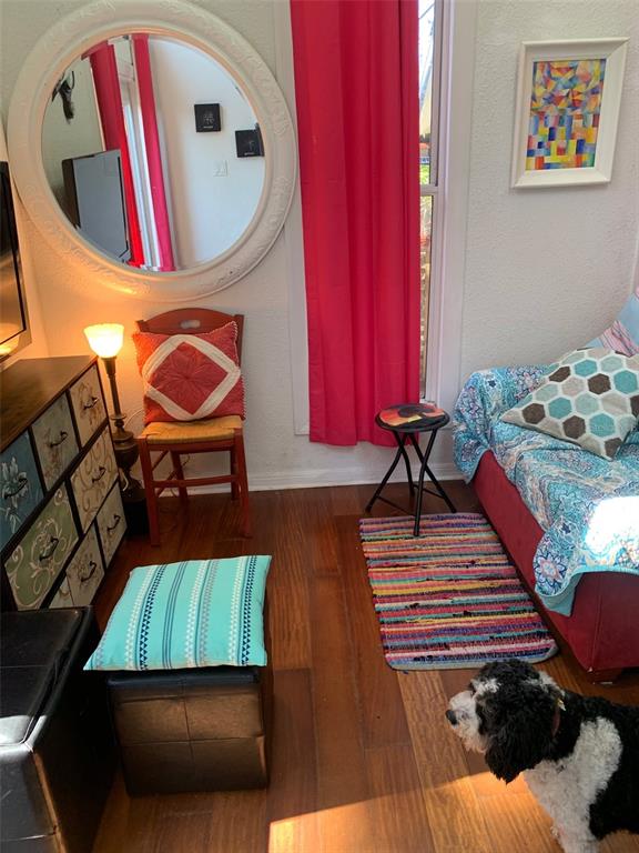 A small room features a round mirror, a wooden chair, a sofa, and a dog — 1653 BRAVO DRIVE, CLEARWATER, FL